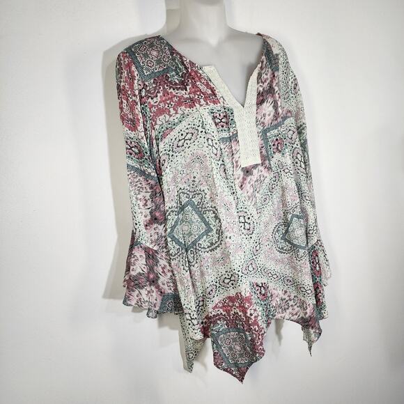 Haute Hippie Tribe Womens Top Medium Asymmetrical Bohemian Patchwork Bell Sleeve - Picture 3 of 11